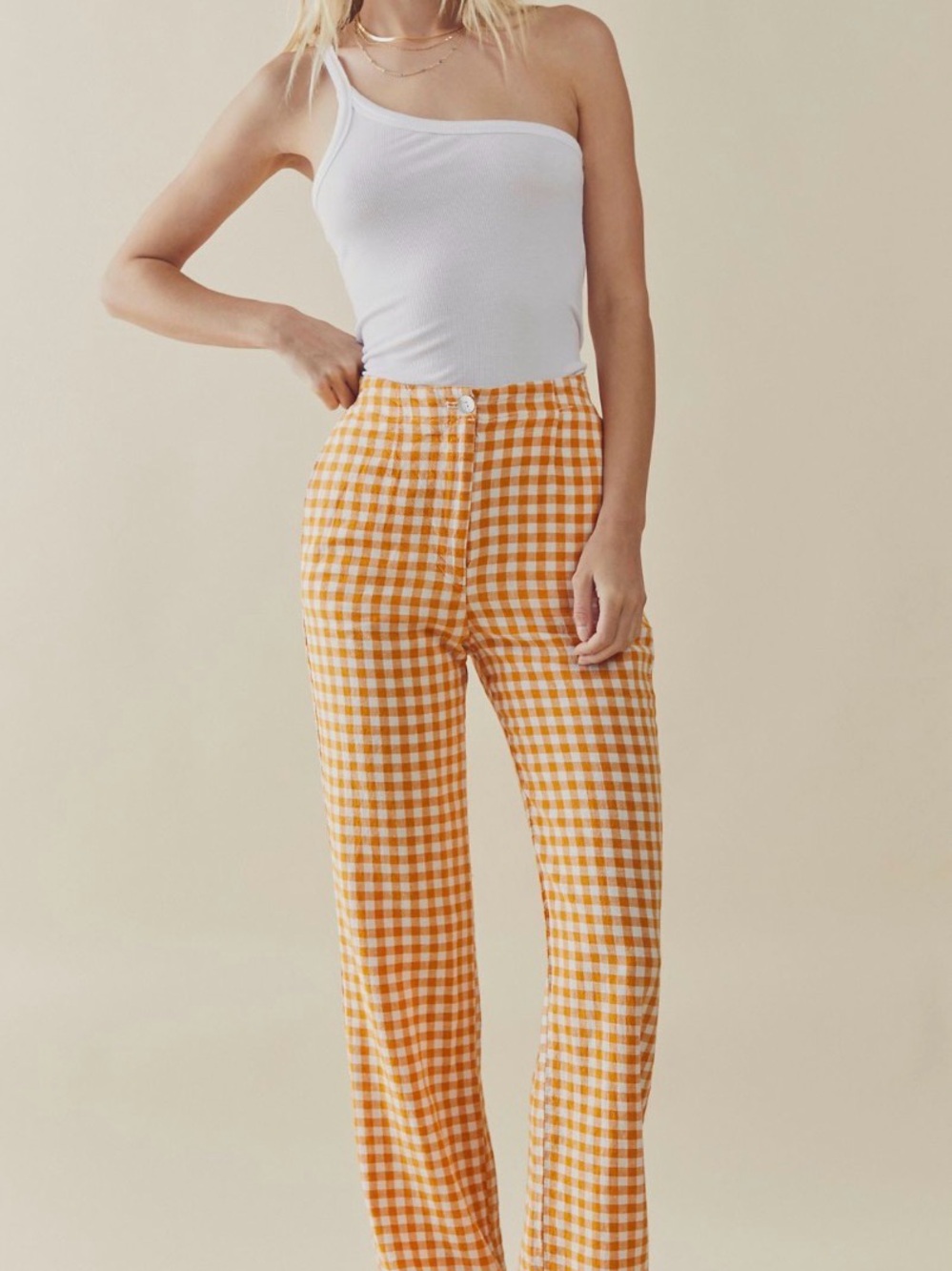 Free People Vichy Checks Linen Pants in Dark Peach Check